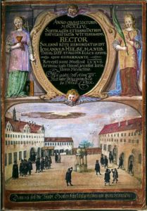 Wittenberg, Fridericianum, Blick in den Kollegienhof (Neues und Altes Kolleg) mit Professoren und Studenten
